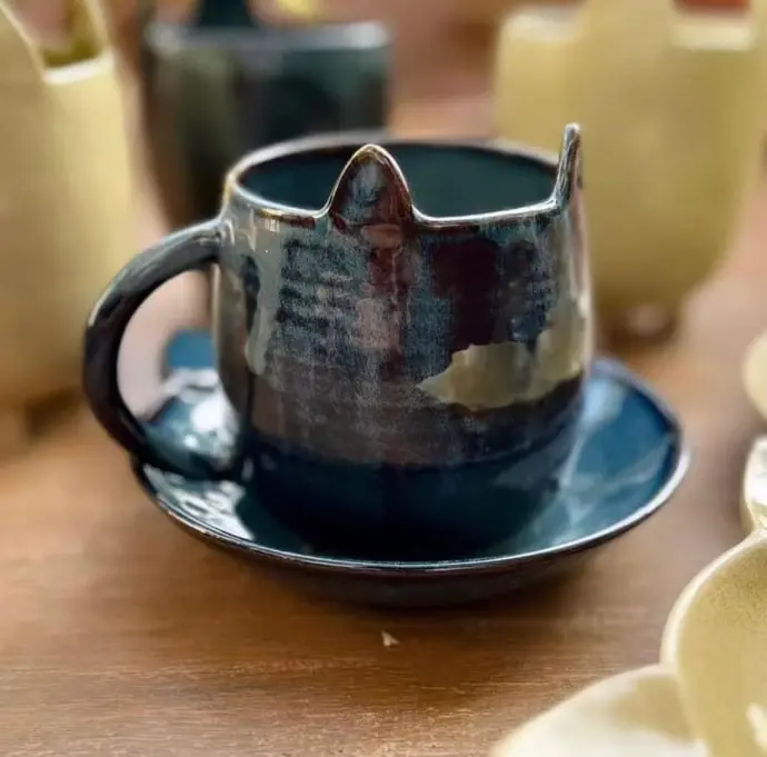 cat ear ceramic mug with saucer