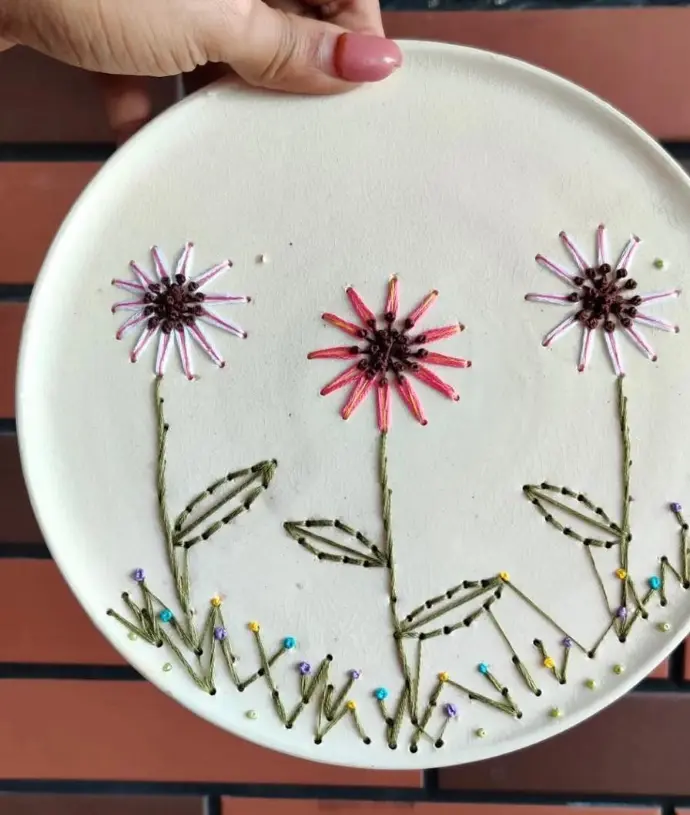 hand embroidered decorative floral ceramic plate