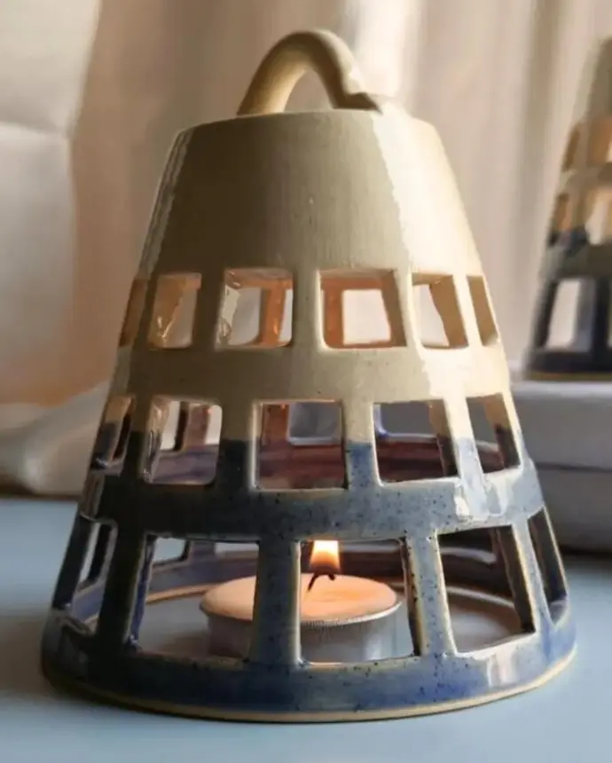 beige and grey cutwork table ceramic lamp
